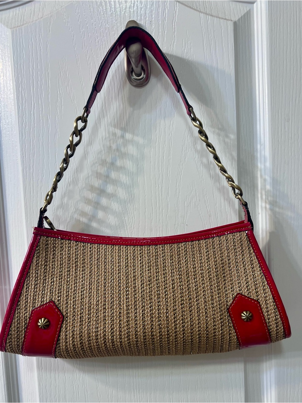 Eric Javits Woven Raffia Patent Leather Chain Shoulder Bag